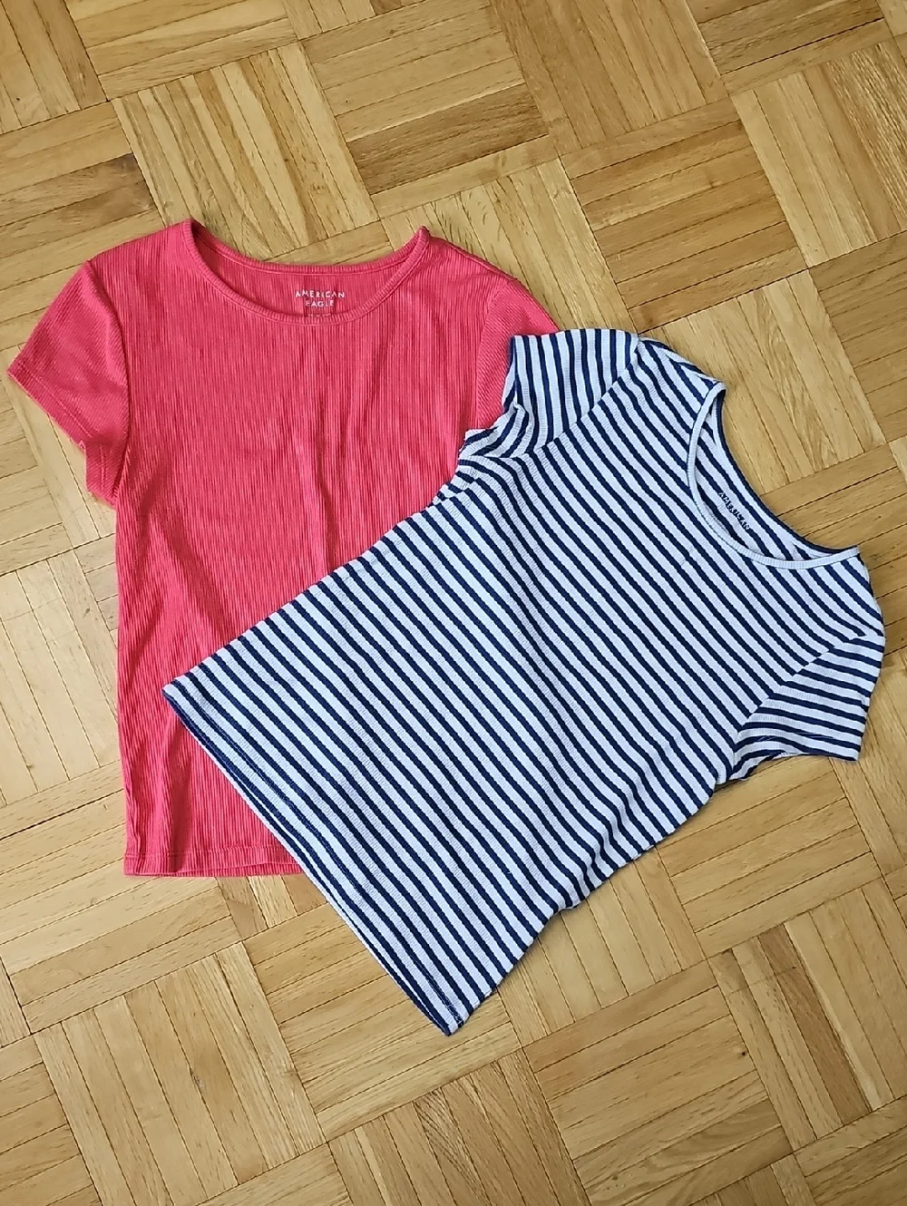 American Eagle Outfitters Pink Rib Tee & Navy Striped Tee - 2 Pack, Size XS - Picture 1 of 8